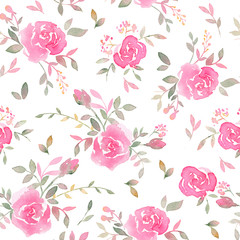 Hand drawn seamless pattern with watercolor rose flowers.