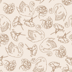 Hand drawn swans and peonies.