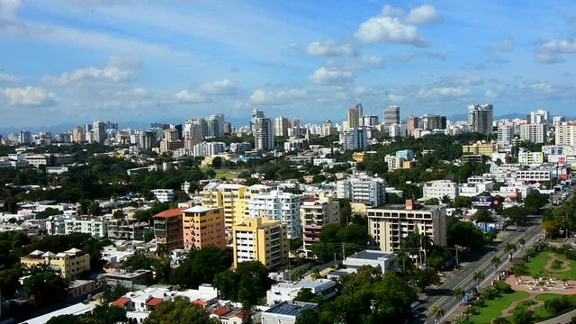Aerial view of Santo Domingo city skyline panorama with sky and clouds in Dominican Republic
