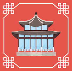 decorative frame with south korea traditional iconic building icon over red background, colorful design. vector illustration