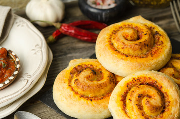 Homemade pizza rolls with mozzarella cheese. Pizza rolls