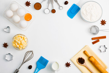 Baking background eggs flour milk spices kitchen tools