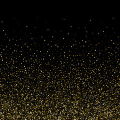 Gold star confetti rain festive holiday background. Vector golden paper foil stars falling down isolated on black background.