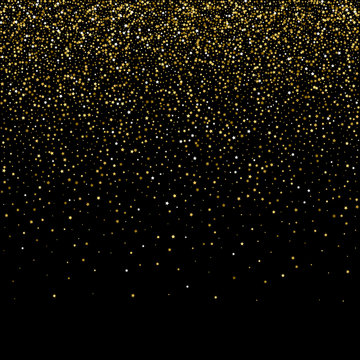 Gold star confetti rain festive holiday background. Vector golden paper foil stars falling down isolated on black background.