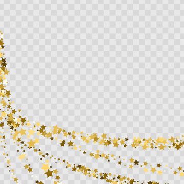 Confetti Cover From Gold Stars. Swirl Path Like Corner Vignette. Design Element, Special Effect On Transparent Background.