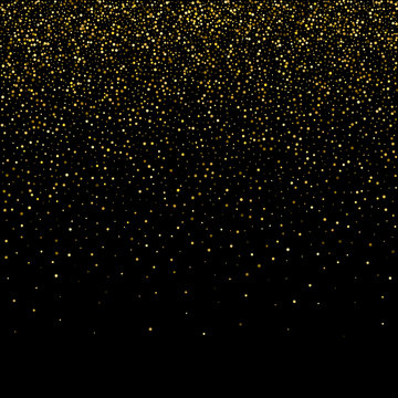 Golden glitter sparkle bubbles champagne particles stars on black background, happy new year holiday concept