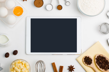 Kitchen baking tablet mobile application service website mockup background