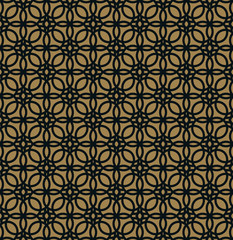 Seamless pattern of intersecting thin gold lines on black background. Abstract seamless ornament.