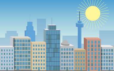 Vector colored seamless 3D illustration of big city with shining sun.