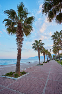 Panoramic view of beautiful blue lagoon and Konyaalti beach in popular resort city Antalya, Turkey.