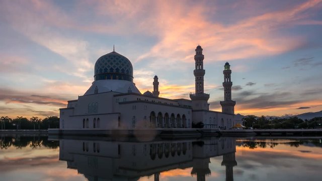 4k Time lapse of the sunrise over the Kota Kinabalu City Mosque, The Floating Mosque or Masjid Bandaraya in Kota Kinabalu, Borneo, Malaysia