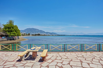 Quay with benches and tables in Finike, province of Antalya.