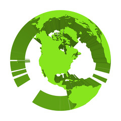 Earth globe model with green extruded lands. Focused on North America. 3D vector illustration.