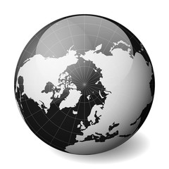Black Earth globe focused on Arctica. With thin white meridians and parallels. 3D glossy sphere vector illustration.