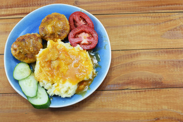 lunch, mashed potato sauce with meat cutlets and greens