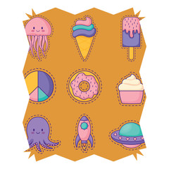 abstract frame with donuts and ice creams pattern over white background, colorful design. vector illustration