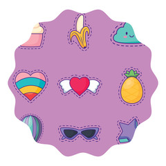 circular frame with fruits and hearts pattern over white background, colorful design. vector illustration