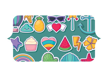 banner with kawaii clouds and cute icons pattern over white background, colorful design. vector illustration