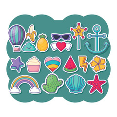 decorative frame with kawaii clouds and cute icons pattern over white background, colorful design. vector illustration