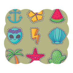 decorative frame with tropical palms and cactus pattern over white background, colorful design. vector illustration