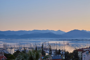 Beautiful bay and port of Fethiye during sunset