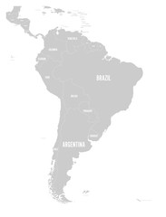 Political map of South America. Simple flat vector map with country name labels in grey.