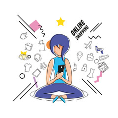 character woman with shopping online icons vector illustration design