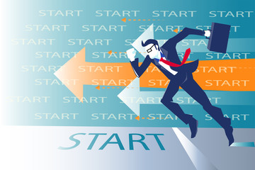 Start Running. Start Up. Businessman pushing the start button. Concept business vector illustration