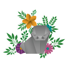 cat origami paper with floral decoration vector illustration design