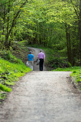 Obraz premium Älteres Ehepaar spaziert im Frühling durch den Wald