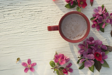 Art pink spring flowers frame on old wood background. Breakfast with coffee. Pink flowers isolated , floral frame. Decoration, bouquet.  