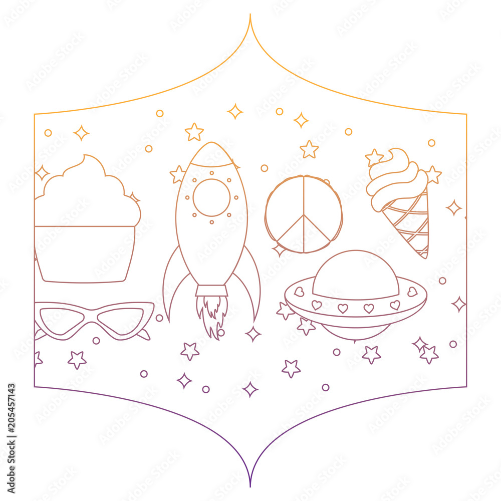 Sticker decorative frame with rockets and spaceships pattern over white background, vector illustration