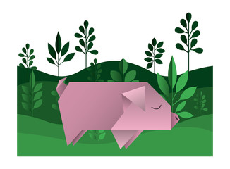 pig origami paper in the field vector illustration design