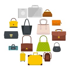 Bag baggage suitcase icons set in flat style isolated vector illustration