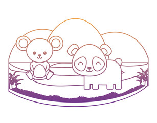 cute panda bear and mouse on the grass over white background, colorful design. vector illustration