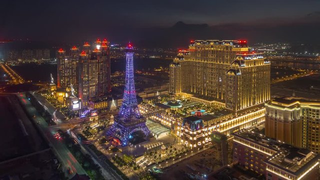 sunset night illuminated famous macau bay hotels rooftop panorama 4k timelapse china
