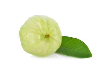 whole fresh guava with leaves on white background