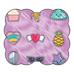 decorative frame with fruits and heart pattern over white background, vector illustration