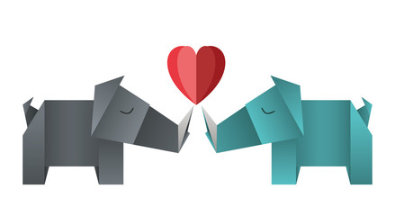 rhinos couple origami paper with heart vector illustration design
