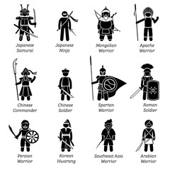 Ancient warriors around the world. Illustrations depict ancient soldiers, military, fighters, outfit, wear, weapon, and armors of different dynasty and empires throughout the history.