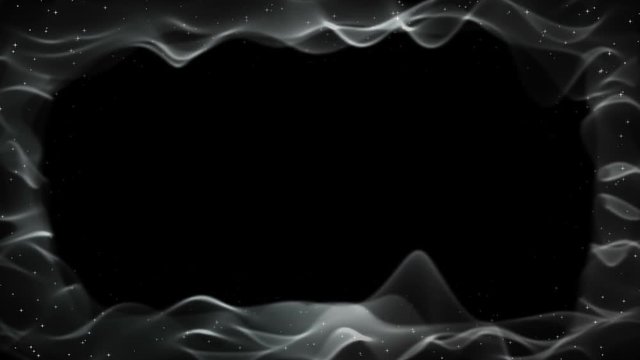 Waves and stars on black, forming border, elegant soft motion background. Transparent white fabric or smoke flowing with glowing stars. Animation, abstract illustration, seamless loop