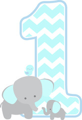 number 1 with chevron pattern and cute elephants isolated on white. can be used for father's day card, baby boy birth announcements, nursery decoration, party theme or birthday invitation