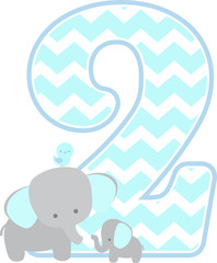 number 2 with cute elephant and little baby elephant isolated on white. can be used for father's day card, baby boy birth announcements, nursery decoration, party theme or birthday invitation