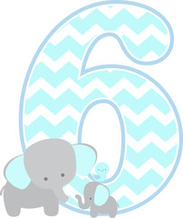 number 6 with cute elephant and baby elephant isolated on white. can be used for father's day card, baby boy birth announcements, nursery decoration, party theme or birthday invitation