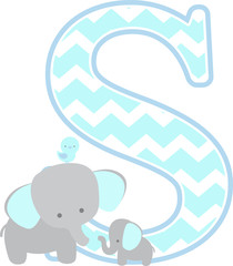 initial s with cute elephant and little baby elephant isolated on white. can be used for father's day card, baby boy birth announcements, nursery decoration, party theme or birthday invitation