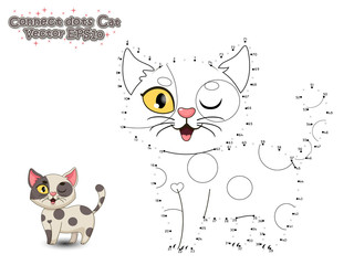 Connect The Dots and Paint Cute Cartoon Cat. Educational Game for Kids. Vector Illustration.