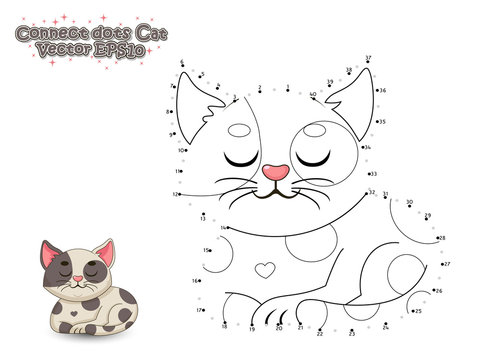 Connect The Dots and Paint Cute Cartoon Cat. Educational Game for Kids. Vector Illustration.