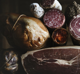 Closeup of charcuterie meat products
