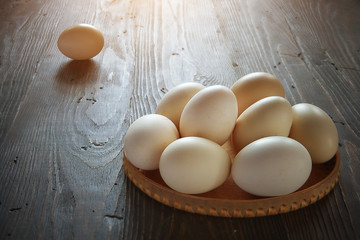 Fresh chicken brown home eggs . Rural still life, natural healthy food and organic farming concept.