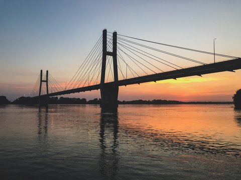 Quincy Illinois Memorial Suspension Bridge at Sunset over Mississippi River